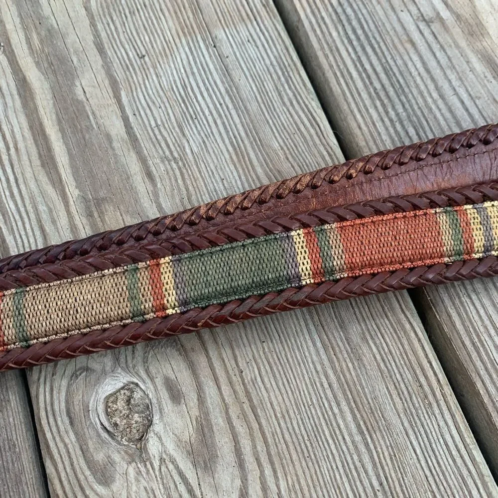 Vintage Brighton leather and needlepoint style striped belt L